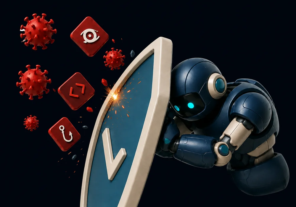 Robot resguardado detrás de un escudo frente a amenazas digitales